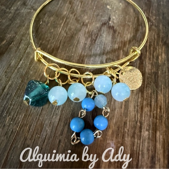 Alquimia gold and Blue Charm Bangle Bracelet aquamarine